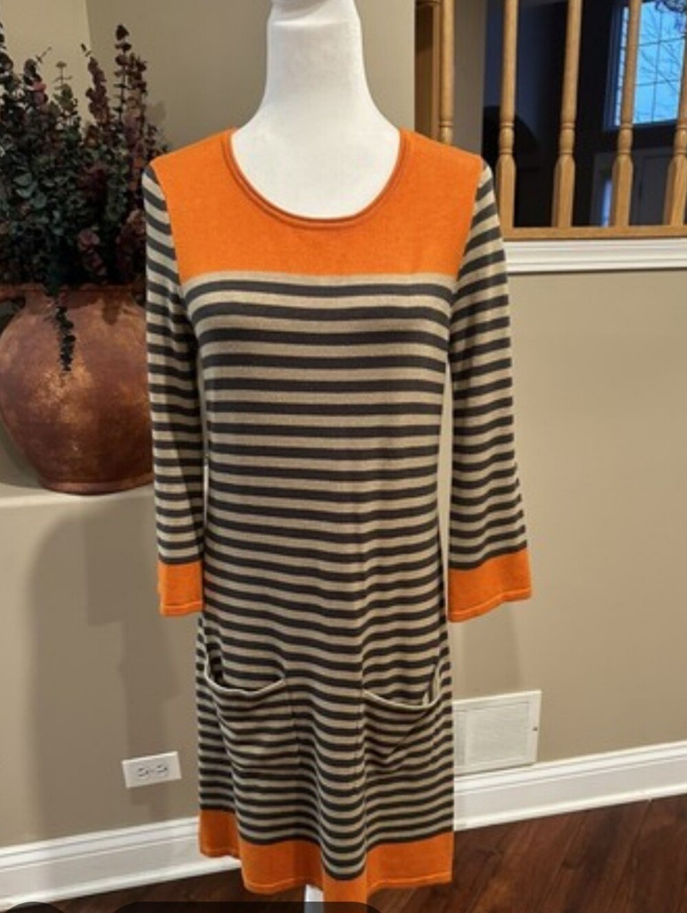 Jessica Howard Orange and Taupe Striped Long Sleeve Dress Size Large